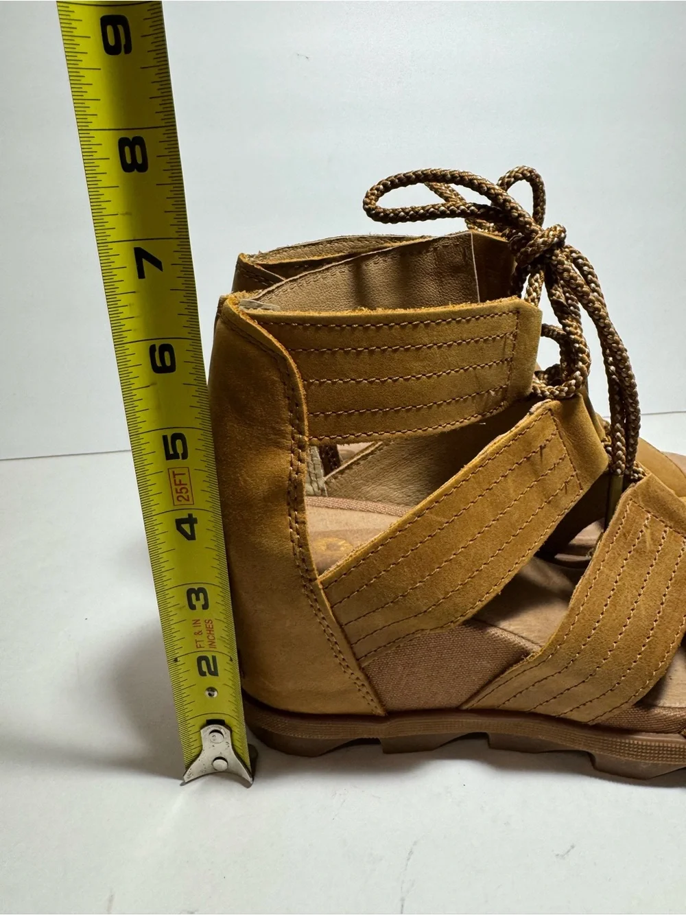 Sorel Tan Leather Joanie Il Lace Up Ankle Wedge Heel Strappy Sandals Size 9